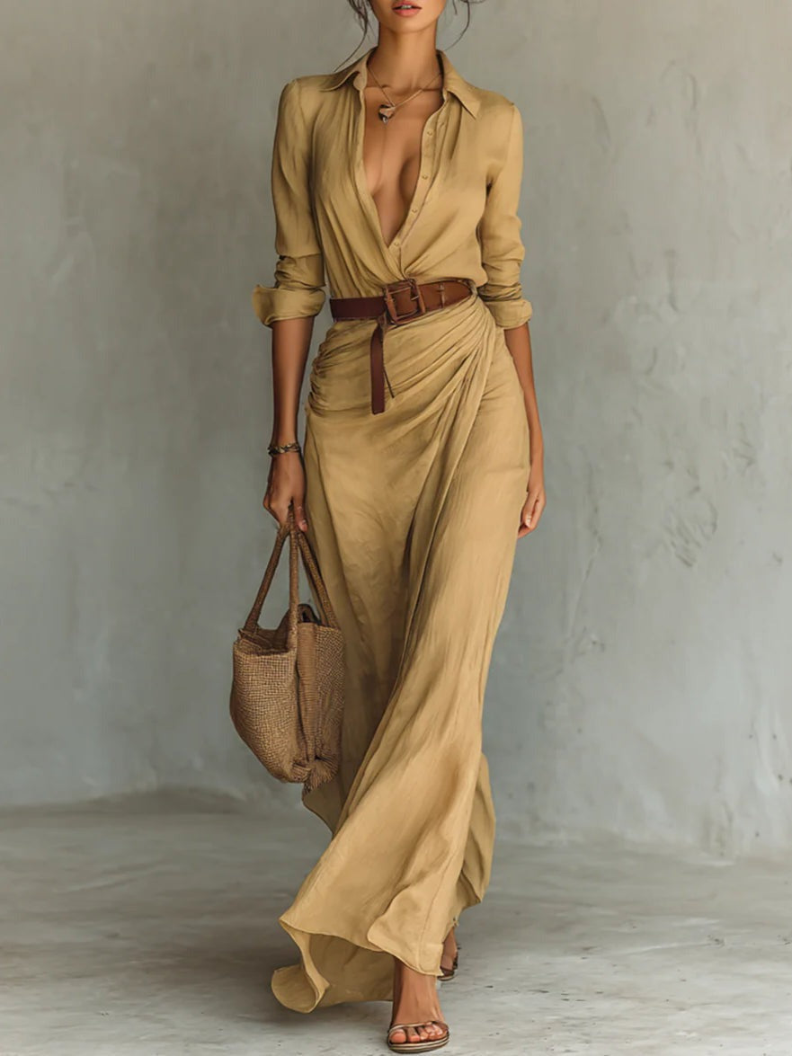 MAËLIS | Robe-Chemise Longue Élégante à Col Tailleur et Jupe Croisée