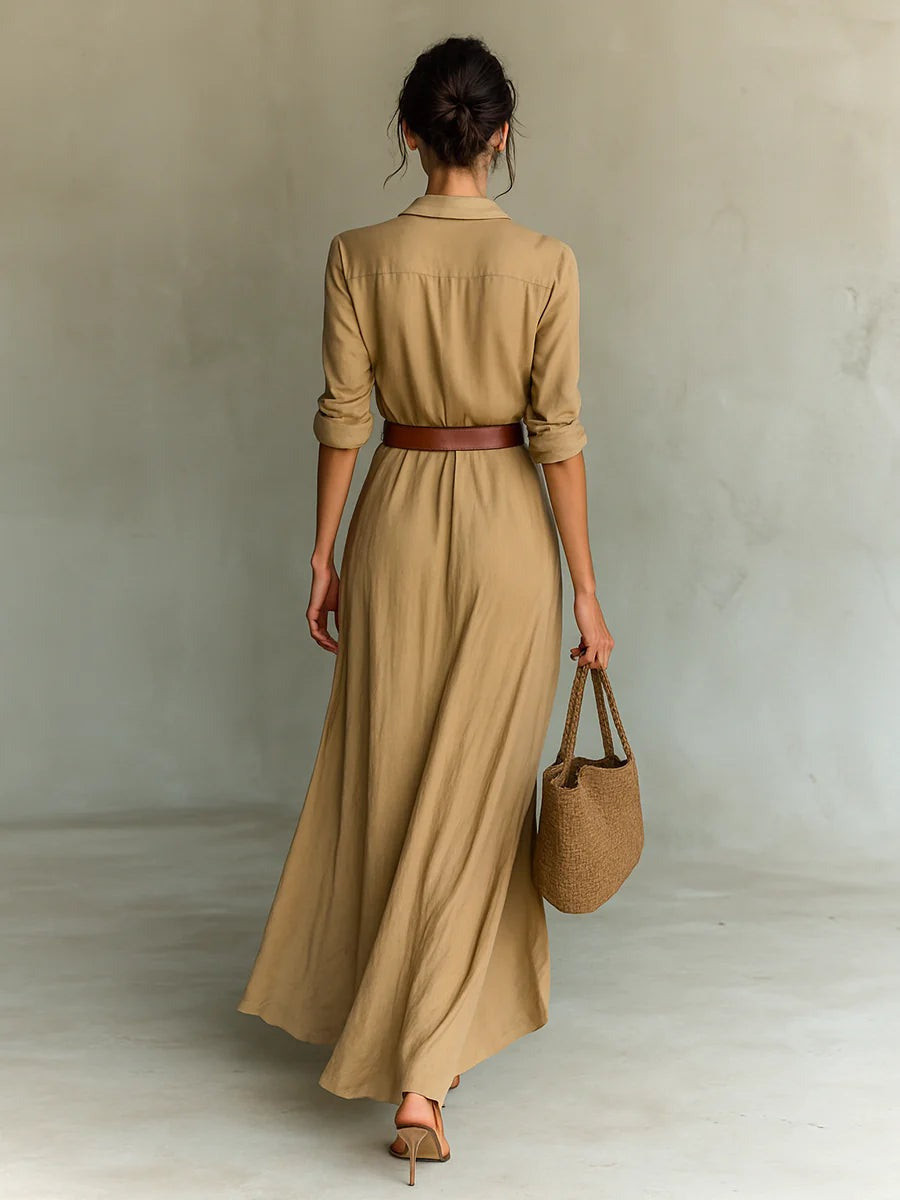 MAËLIS | Robe-Chemise Longue Élégante à Col Tailleur et Jupe Croisée