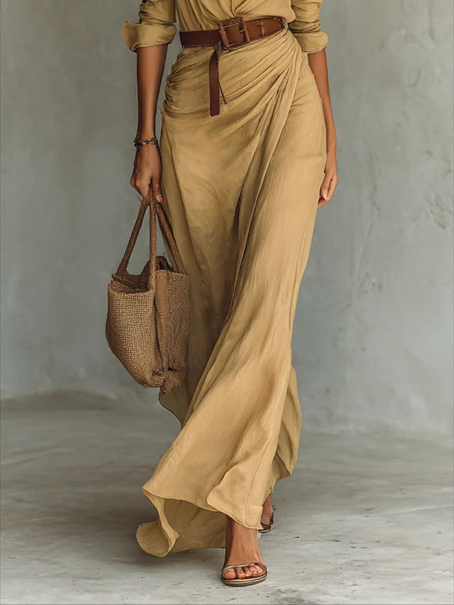 MAËLIS | Robe-Chemise Longue Élégante à Col Tailleur et Jupe Croisée