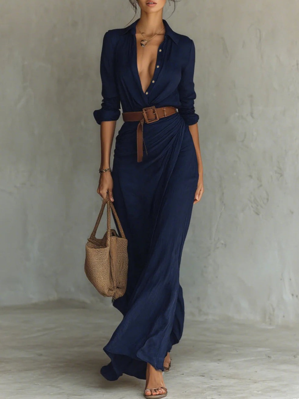 MAËLIS | Robe-Chemise Longue Élégante à Col Tailleur et Jupe Croisée